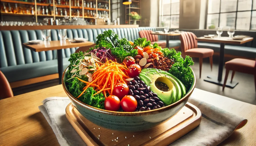 A colorful high-fiber salad bowl at a stylish restaurant, containing kale, shredded carrots, cherry tomatoes, sliced almonds, quinoa, black beans, and avocado, drizzled with vinaigrette.