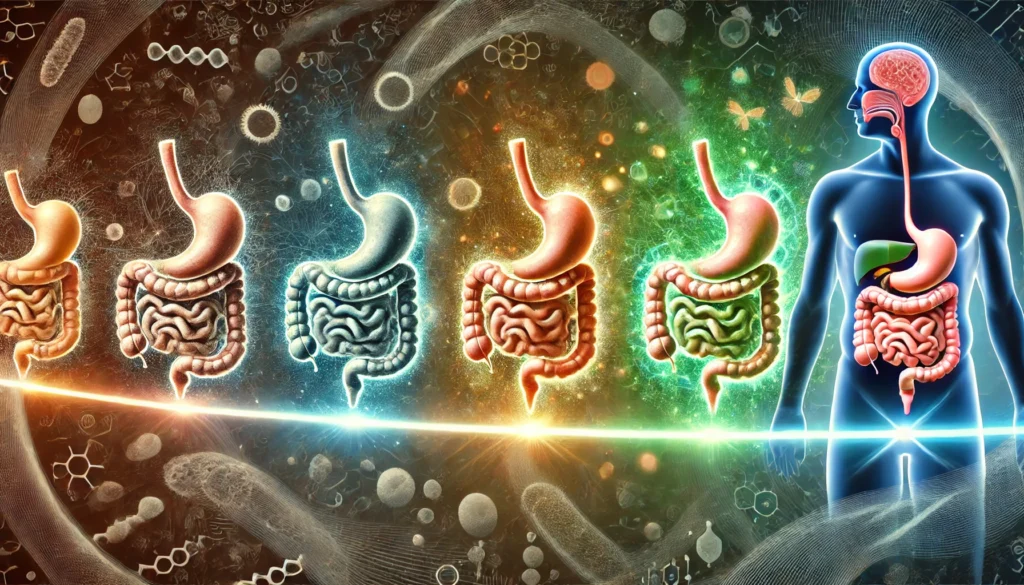 A conceptual timeline illustrating the gradual shift from an unhealthy gut microbiome to a thriving, balanced one, using a series of digestive system visuals with glowing transitions.