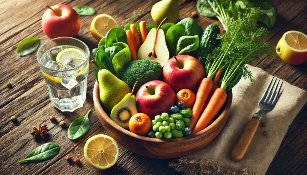 A colorful assortment of fiber-rich fruits and vegetables, including apples, pears, carrots, and leafy greens, accompanied by a refreshing glass of water with lemon slices on a rustic wooden table.