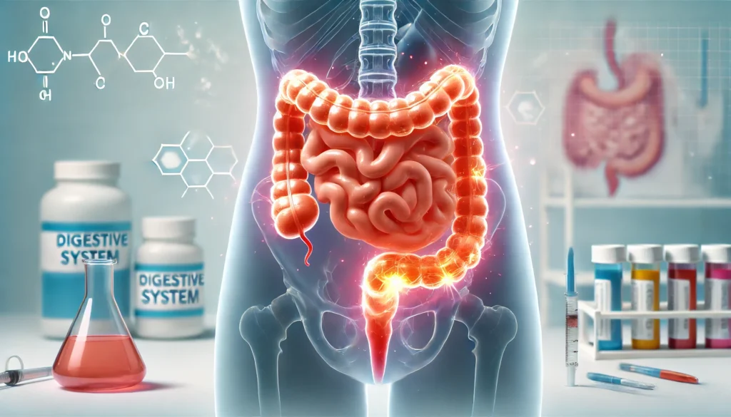 A medical-style illustration of the digestive system, with a focus on bloating and irritation from excessive fiber intake. The intestines appear slightly swollen with a glowing effect to indicate discomfort.