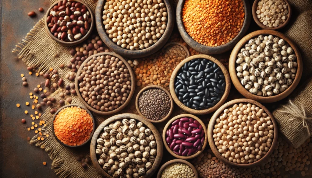 A top-down view of dry legumes, including lentils, chickpeas, black beans, and kidney beans, displayed in rustic wooden bowls, showcasing their natural colors and textures.