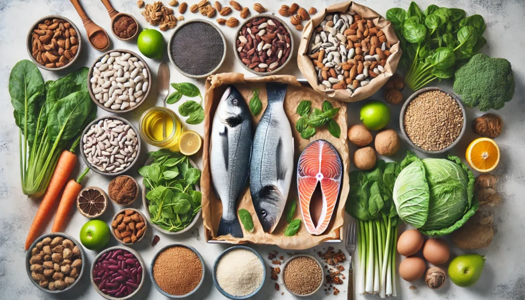 A top-down view of a kitchen counter displaying fresh fish on one side and a variety of fiber-rich plant-based foods like beans, whole grains, nuts, and leafy greens on the other, illustrating the difference between protein and fiber sources.