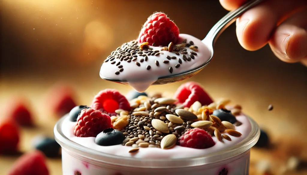 A close-up of a spoon scooping thick Greek yogurt mixed with fiber-rich toppings like chia seeds, sunflower seeds, and fresh raspberries, with a softly blurred warm-toned background.