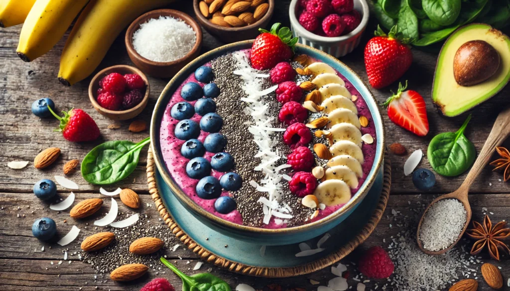 A colorful high-fiber Paleo smoothie bowl topped with fresh berries, chia seeds, shredded coconut, and crushed nuts, surrounded by natural whole food ingredients.