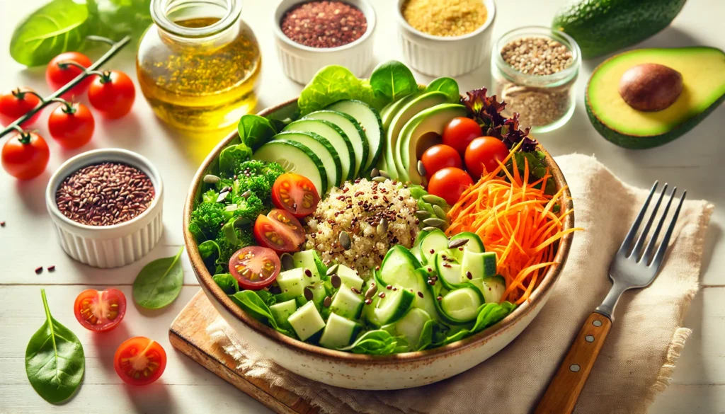 A fresh, colorful salad bowl with leafy greens, quinoa, cucumbers, shredded carrots, cherry tomatoes, avocado, seeds, and light dressing, presented in natural lighting.