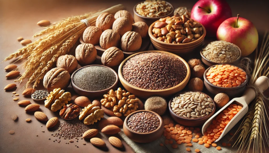 A visually appealing spread of fiber-rich plant-based foods, including an assortment of nuts, seeds, whole grains, and legumes. The display features almonds, walnuts, chia seeds, flaxseeds, brown rice, and lentils, highlighting their diverse textures and natural colors in a warm, inviting setting.