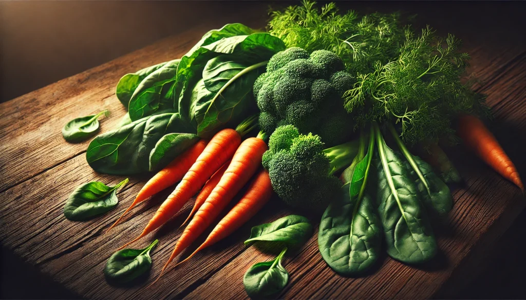 An artistic arrangement of whole and sliced carrots, broccoli florets, and leafy greens on a cutting board, emphasizing the visible fiber-rich textures and natural freshness.
