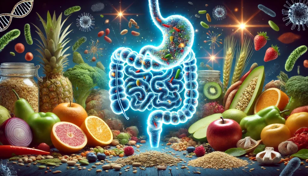 A glowing, blue-toned depiction of a healthy human digestive system filled with diverse beneficial bacteria, symbolizing a balanced gut microbiome. Surrounding the gut imagery are fresh fruits, vegetables, legumes, and whole grains, visually emphasizing the role of a fiber-rich diet in promoting digestive health.