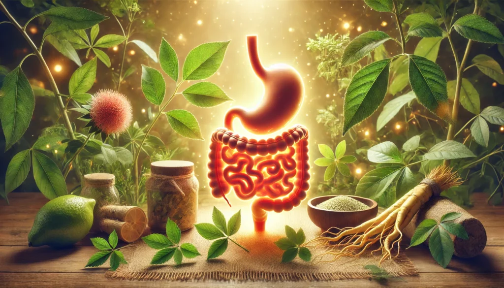 A glowing, healthy digestive system surrounded by natural herbal elements, including ginseng roots and green leaves, representing the connection between plant-based remedies and gut wellness.