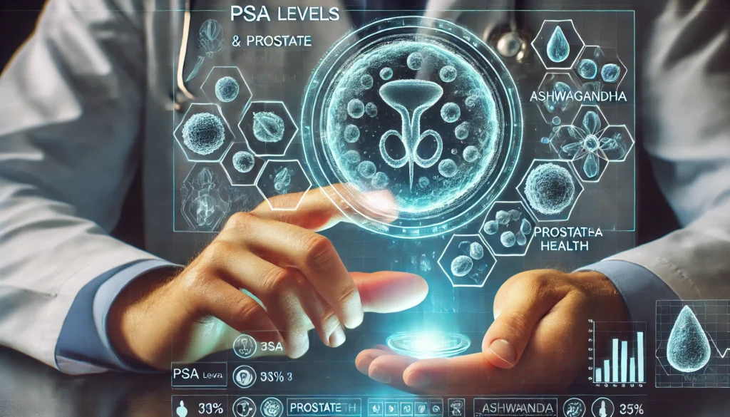 A futuristic digital representation of PSA levels and prostate health, featuring a holographic interface with ashwagandha compounds interacting with biological markers.