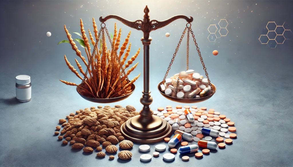 A conceptual medical illustration depicting the balance between pharmaceutical drugs and natural supplements, with a set of scales holding ashwagandha roots on one side and medication pills on the other.