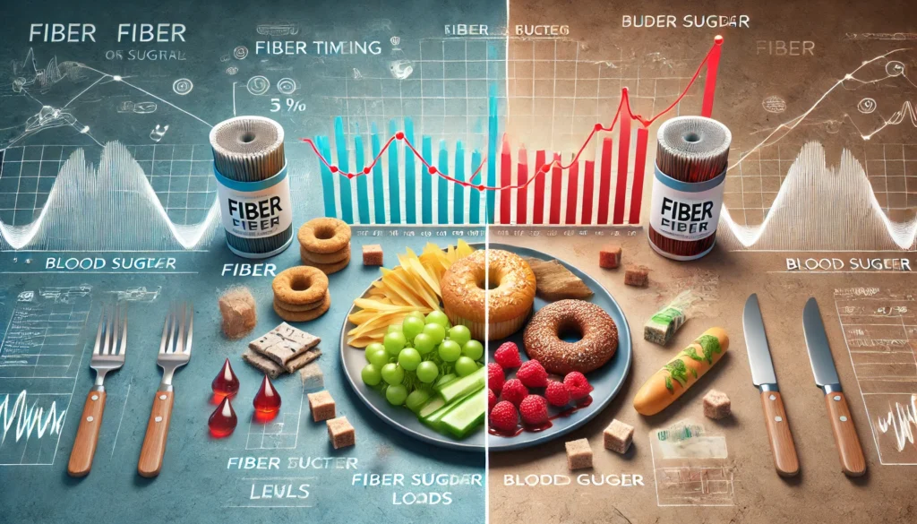 A conceptual illustration comparing the impact of fiber on blood sugar levels, showing fiber-rich foods stabilizing glucose while processed foods cause spikes, emphasizing fiber’s role in metabolic health.