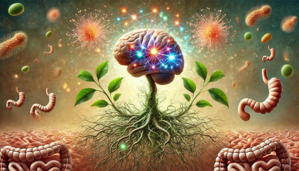 A surreal artistic depiction of a human brain encircled by intertwining plant roots, with glowing neural pathways representing Ashwagandha’s neuroprotective effects and its role in gut health balance.