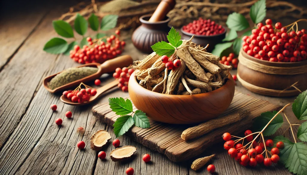 A serene natural arrangement featuring ashwagandha roots and schisandra berries on a wooden surface, symbolizing the harmony of traditional herbal medicine and holistic health.