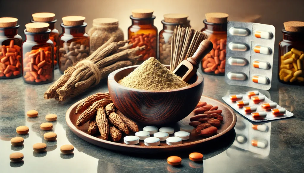 A balanced composition of traditional herbal medicine and modern pharmaceuticals, featuring a bowl of ashwagandha powder and roots on one side and prescription pills on the other, highlighting coexistence in mental health treatments.

