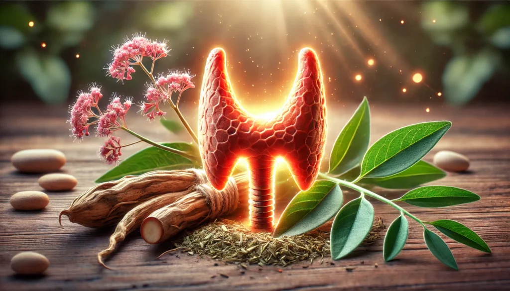 A visually appealing digital illustration of ashwagandha roots and leaves placed beside a glowing thyroid gland, symbolizing the connection between herbal remedies and thyroid health. The thyroid gland is anatomically accurate, glowing in a warm hue to indicate activity, with soft lighting and a natural background.

