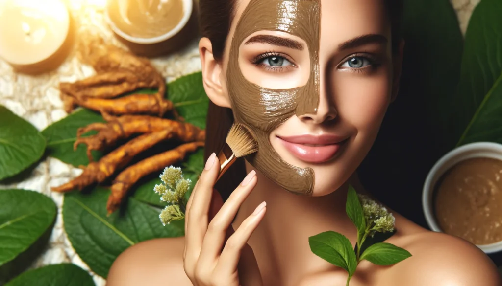 A radiant woman applying a natural herbal face mask with ashwagandha, showcasing glowing, healthy skin in a softly lit environment with ashwagandha leaves and roots in the background.