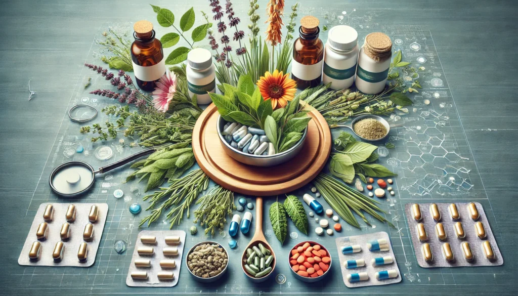  A representation of herbal medicine blending with pharmaceuticals, featuring ashwagandha roots, pill bottles, and capsules arranged together to symbolize natural and synthetic medicine.