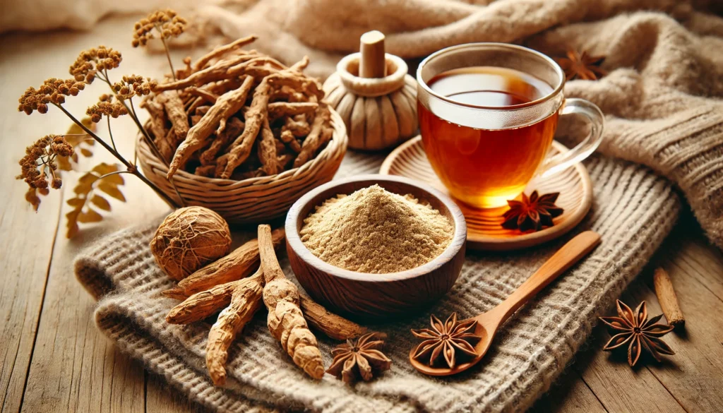 A cozy herbal tea setup featuring Ashwagandha roots, powder, and tea, evoking relaxation and the calming effects of Ashwagandha on mental well-being.