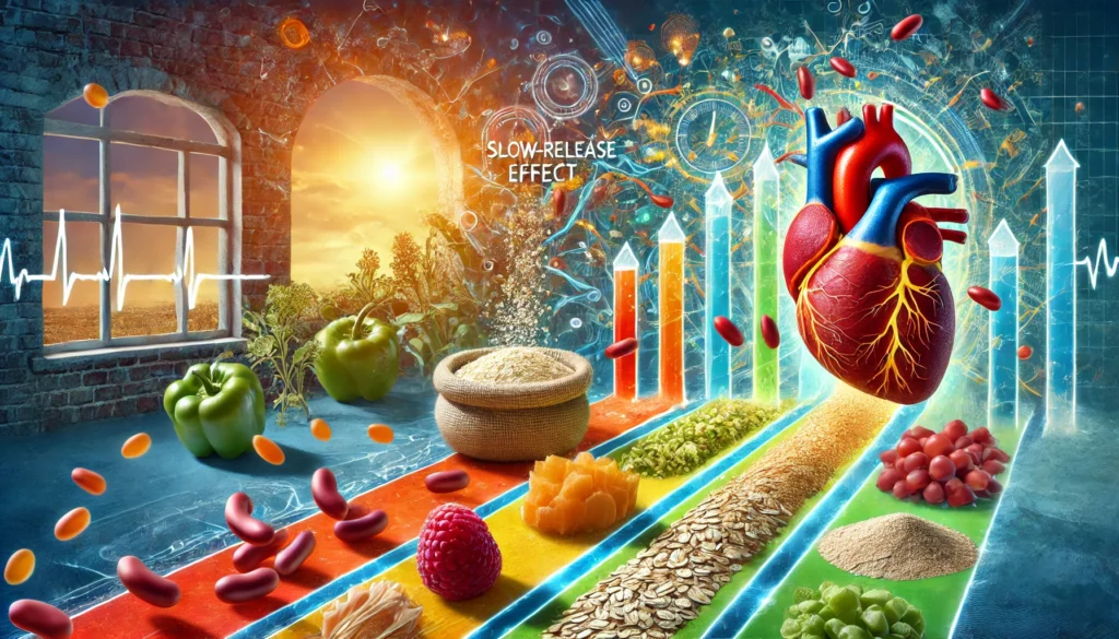 A conceptual image depicting the slow-release effect of glucose into the bloodstream, visually representing how fiber-rich foods such as oats, beans, and vegetables help stabilize blood sugar levels.