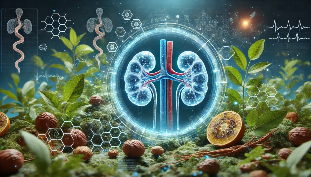 A futuristic visualization of a glowing kidney scan surrounded by ashwagandha roots, merging modern medical research with natural healing elements.