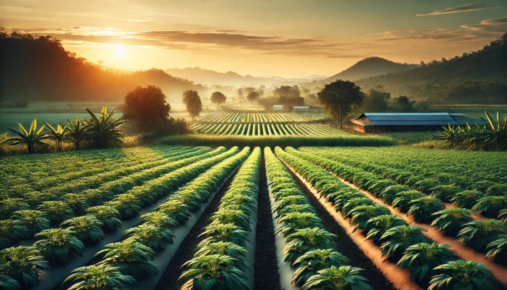 A scenic organic Ashwagandha farm with rows of green plants illuminated by golden sunrise light in a peaceful countryside setting.
