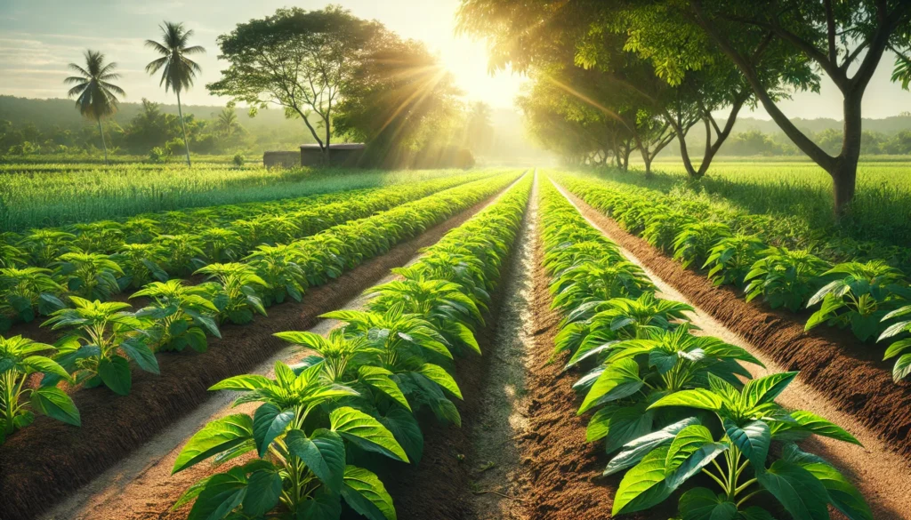 A lush ashwagandha farm with vibrant green plants growing in neat rows under bright sunlight, surrounded by a serene rural landscape with trees and a clear blue sky.
