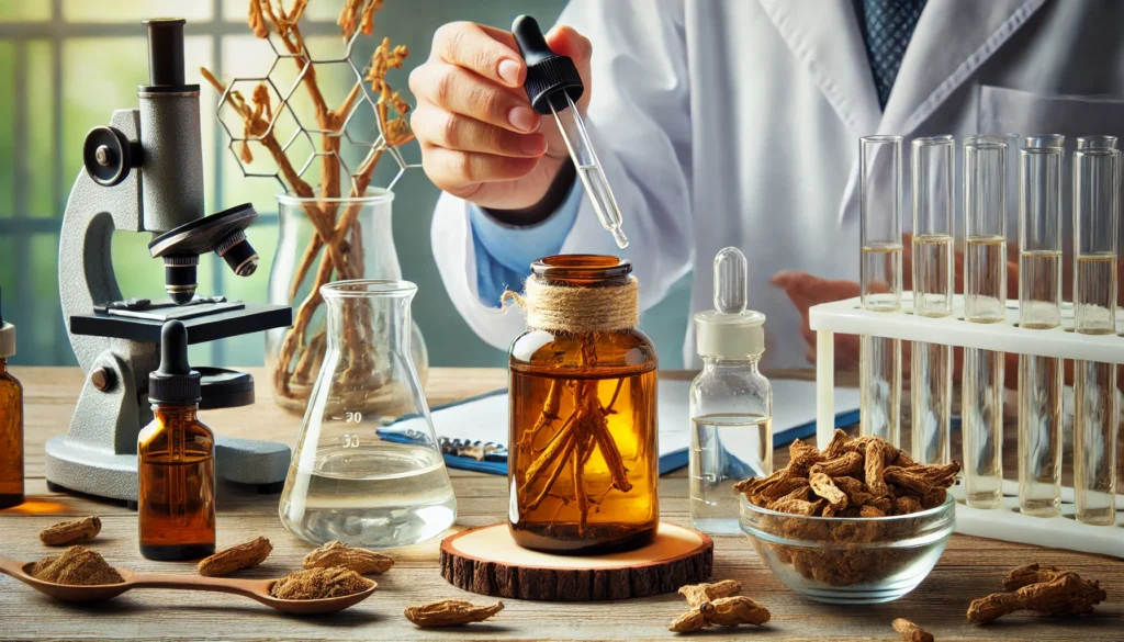 A laboratory setting showing ashwagandha extract being carefully measured with a dropper into a glass container, surrounded by scientific glassware and dried roots.
