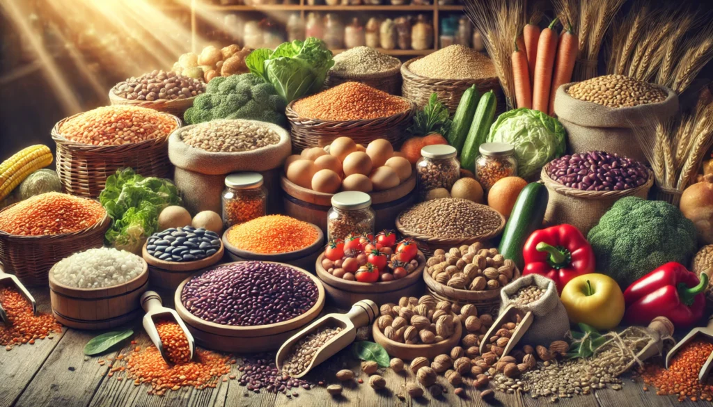 A lively market scene showcasing baskets filled with fiber-rich foods such as lentils, beans, whole grains, nuts, and fresh vegetables, bathed in warm sunlight to emphasize their abundance and variety.

