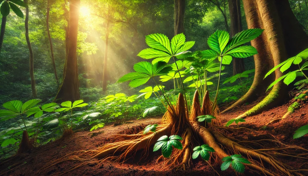 A lush forest scene where ginseng plants thrive in their natural habitat, with rich green leaves and earthy roots partially exposed in the soil, bathed in dappled sunlight filtering through the trees.