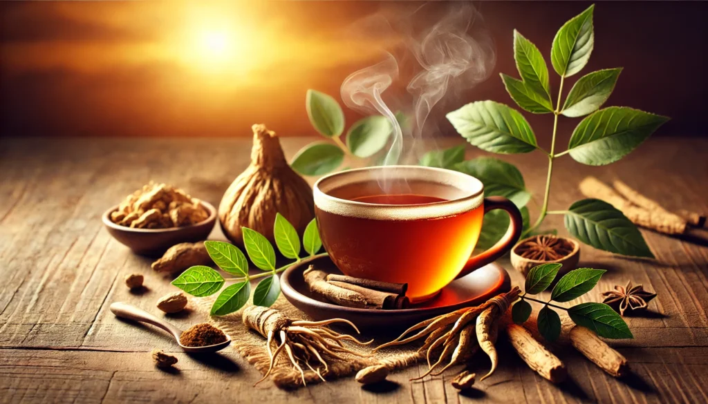  A steaming cup of herbal Ashwagandha tea surrounded by fresh roots and leaves, bathed in the warm glow of the setting sun, emphasizing the stress-relieving and calming benefits of the supplement.