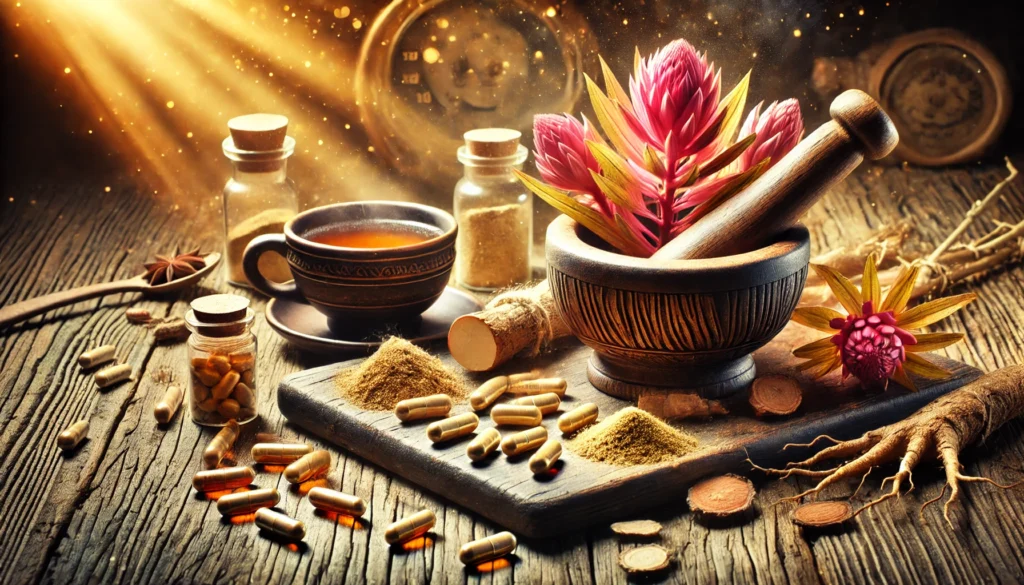 An energizing display of Rhodiola rosea supplements with a wooden mortar and pestle, dried Rhodiola root, capsules, and a steaming cup of herbal tea on a rustic surface, symbolizing enhanced focus and mental clarity.