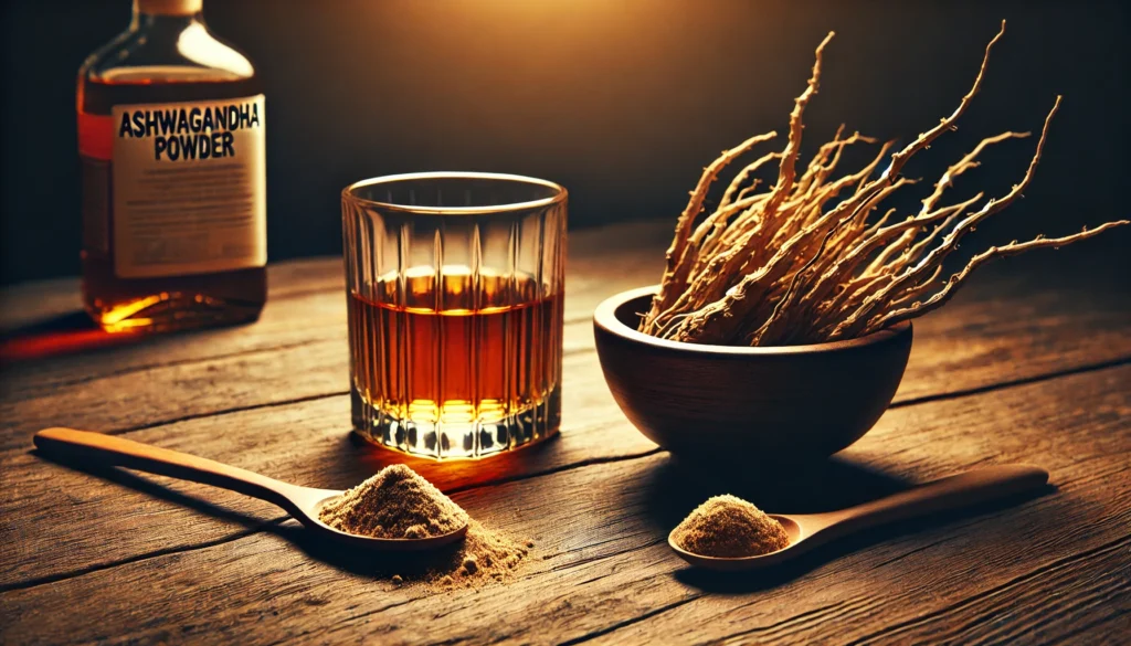  A whiskey glass and ashwagandha supplements placed on a wooden table, symbolizing the potential risks of mixing alcohol with herbal remedies.