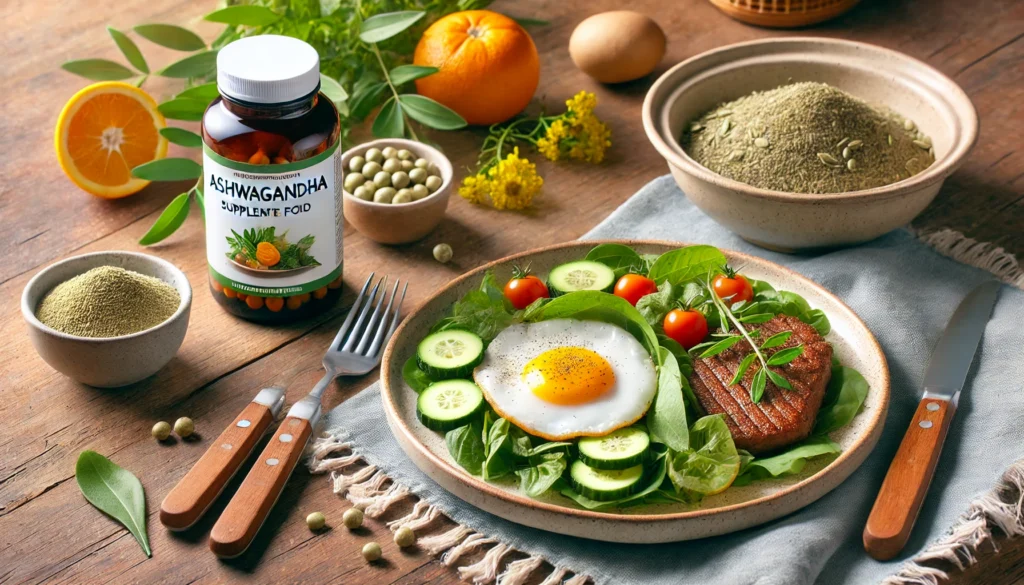 A close-up of a plate with a healthy meal alongside an ashwagandha supplement bottle, illustrating taking ashwagandha with food for better absorption.