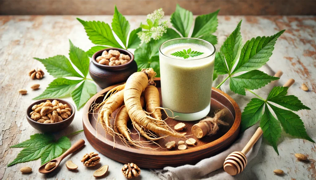  A serene nature-inspired setting featuring fresh ginseng roots on a wooden tray, complemented by a refreshing ginseng smoothie in a glass, along with fresh green leaves, nuts, and a drizzle of honey for natural vitality.