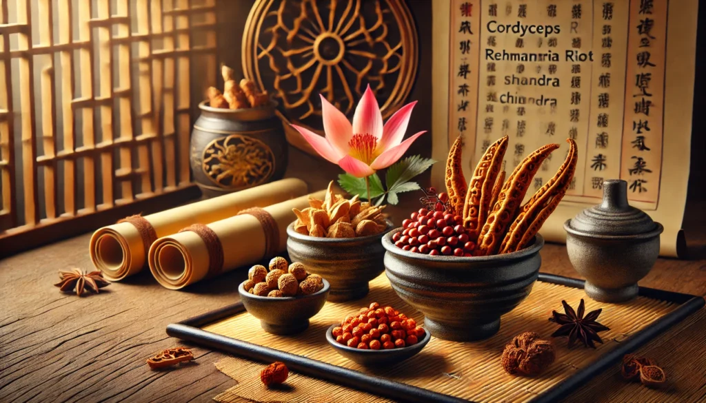 Best Chinese Herbs for Erectile Dysfunction: Natural Remedies for Prolonged Power 2 An elegant display of cordyceps, rehmannia root, and schisandra berries in ceramic bowls on a bamboo mat, accompanied by a traditional herbal scroll, illuminated in soft, golden light.