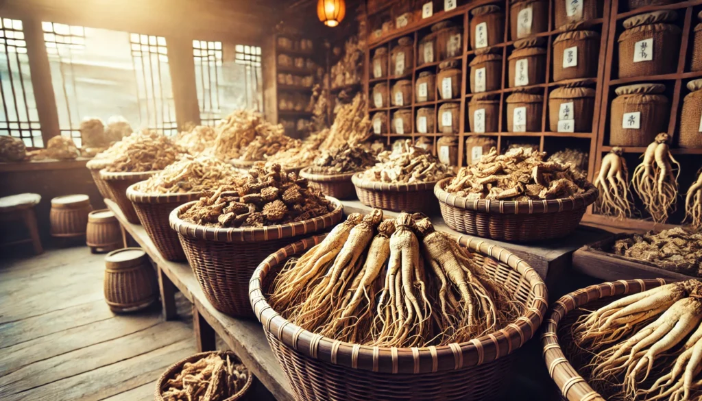 A traditional herbal market displaying baskets of dried ginseng roots for sale, with warm earthy tones and wooden shelves, representing the economic significance of ginseng in global trade.

