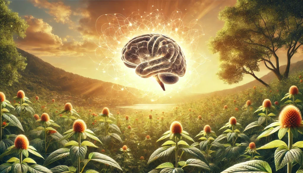 A tranquil natural landscape featuring ashwagandha plants in the foreground, with a translucent brain floating in the sky, radiating neural connections, symbolizing mental clarity and cognitive well-being.
