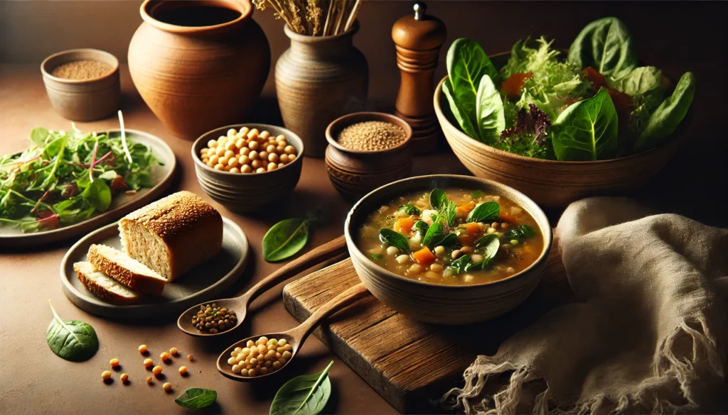 A cozy dinner scene with a steaming bowl of vegetable and lentil soup, whole grain bread, and a fresh salad with chickpeas, set against a warm, rustic backdrop.