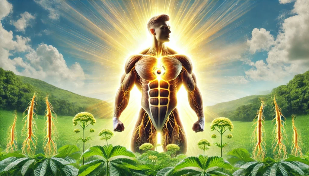 A vibrant scene of a strong, muscular man standing in a lush green field surrounded by Korean ginseng plants. A golden aura radiates around him, symbolizing enhanced vitality, strength, and balanced testosterone levels. The bright, sunlit background conveys the natural health benefits of ginseng supplementation.