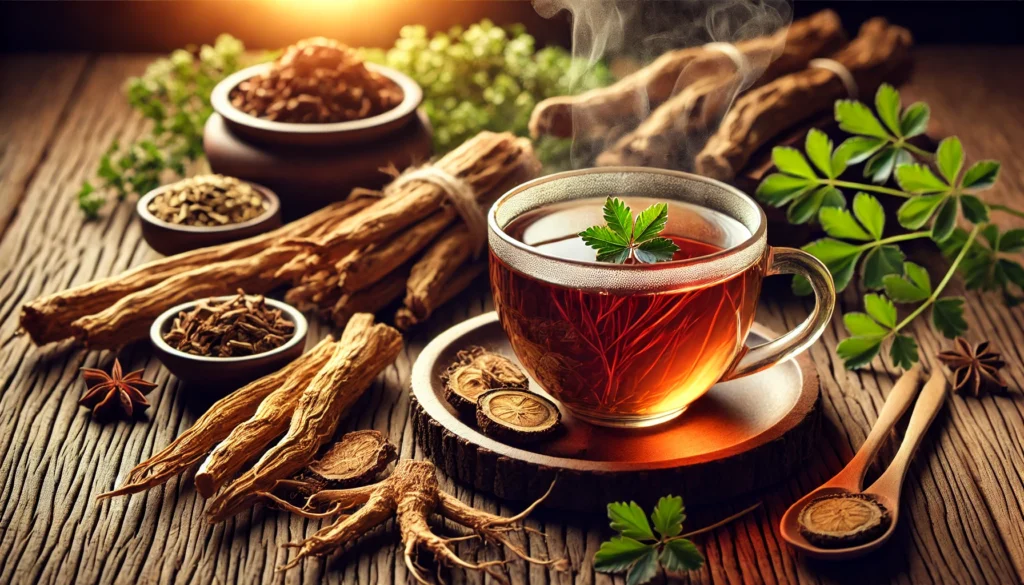 A steaming cup of Eleuthero root tea on a wooden table, surrounded by dried Eleuthero roots and green herbs, emphasizing its traditional medicinal use and health benefits.