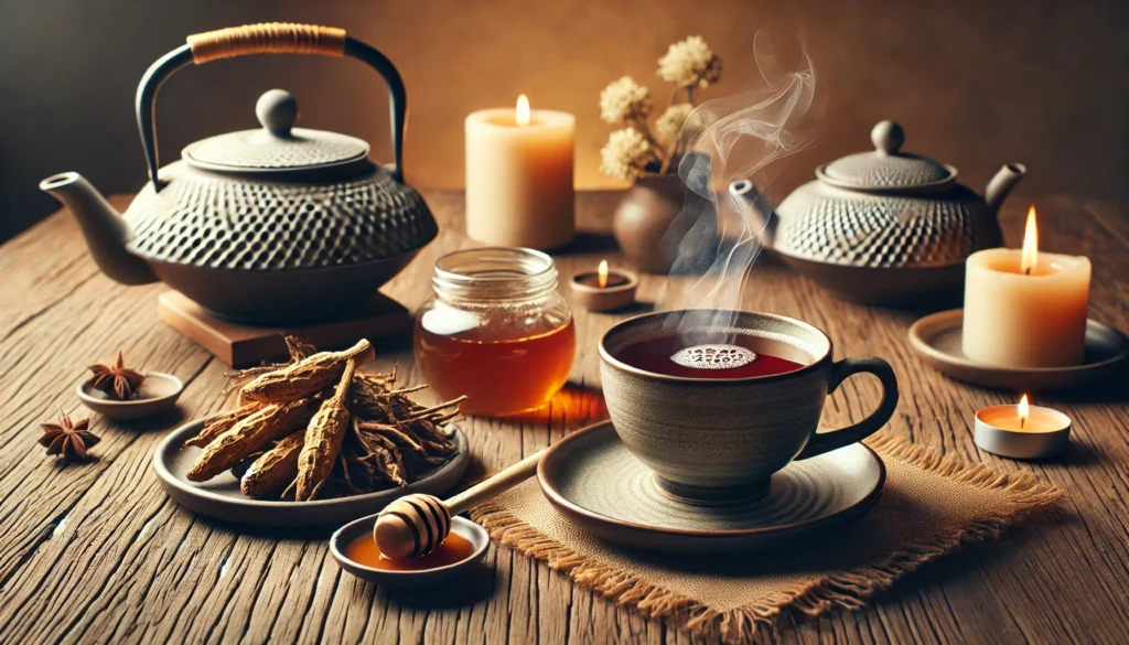 A cozy indoor tea setting with a steaming cup of Withania tea on a rustic wooden table, accompanied by a teapot, ashwagandha roots, and a small dish of honey, illuminated by soft candlelight.

