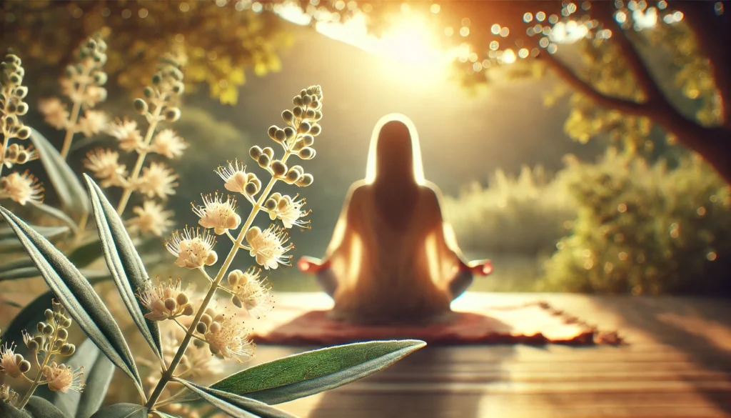 A tranquil wellness scene showing a woman meditating outdoors in a sunlit natural environment, conveying a sense of relaxation, emotional balance, and the stress-relieving benefits of ashwagandha.

