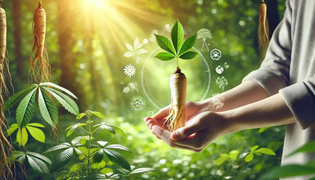 A person gently holding a white Korean ginseng root in their hands, with a lush green herbal garden and warm sunlight in the background, symbolizing holistic wellness.