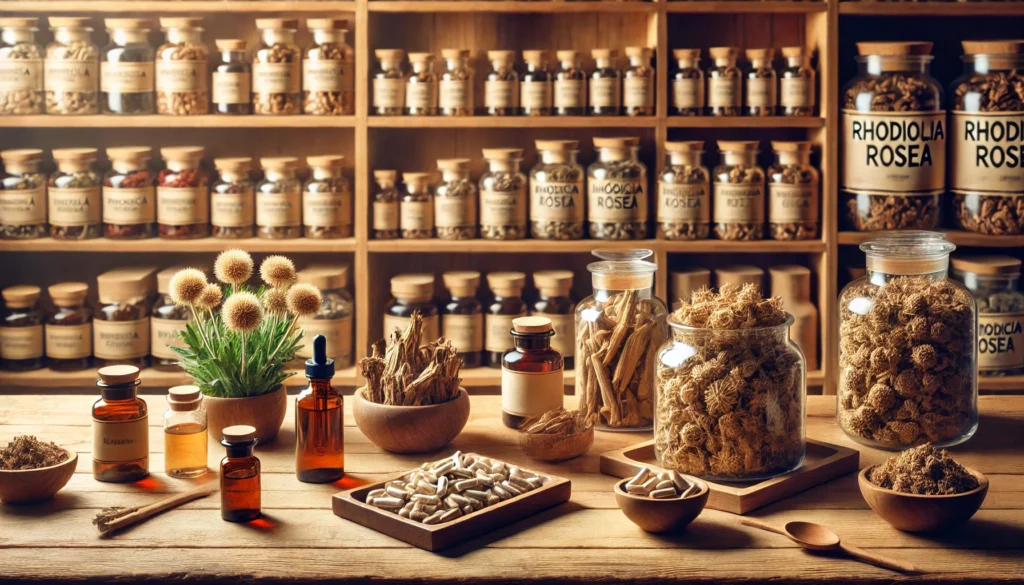 A warmly lit organic herbal supplement store with wooden shelves displaying Rhodiola rosea products, including dried root, tinctures, and capsules.