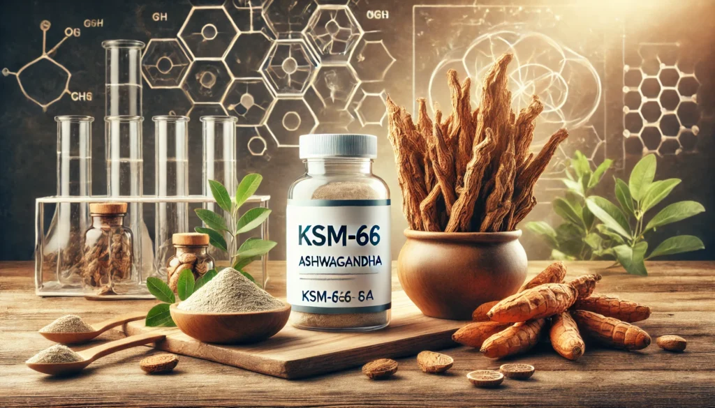 A side-by-side comparison of KSM-66 Ashwagandha and traditional Ashwagandha, featuring a modern supplement bottle against a scientific backdrop on the left and natural ashwagandha roots with powder on a wooden surface on the right.