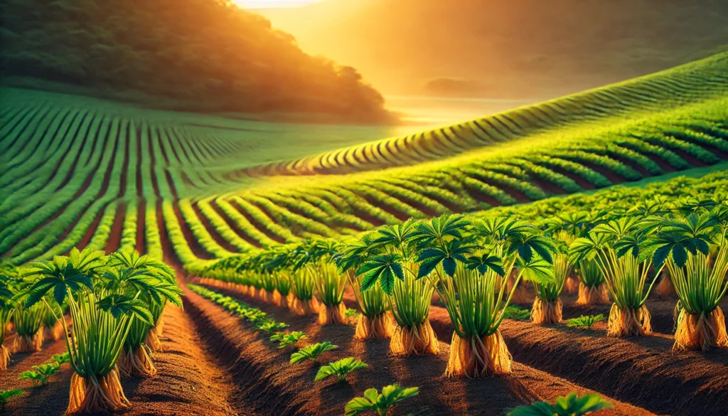 A lush Korean ginseng farm at golden hour, featuring vibrant green ginseng plants growing in neat rows under soft sunlight, with rolling hills in the background.
