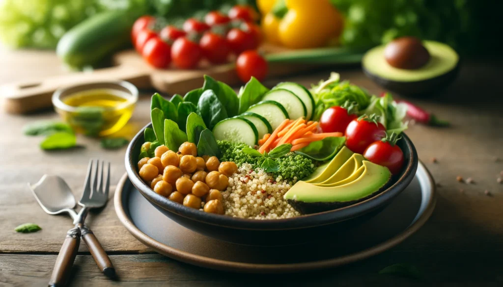 A beautifully plated meal featuring quinoa, roasted chickpeas, avocado slices, and fresh vegetables, highlighting a balanced high-fiber diet.