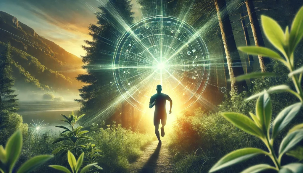  An energetic scene of a person jogging along a lush forest trail at sunrise, surrounded by greenery. The dynamic movement captures a sense of vitality, endurance, and mental clarity, reflecting the benefits of Rhodiola Rosea for energy and stress relief.