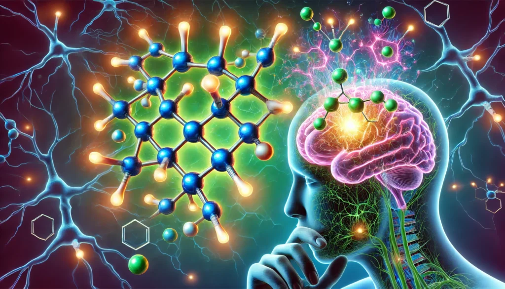 A scientific visualization of Rhodiola rosea’s active compounds enhancing human neurons, showcasing glowing synapses and neurotransmitter activity for cognitive support.
